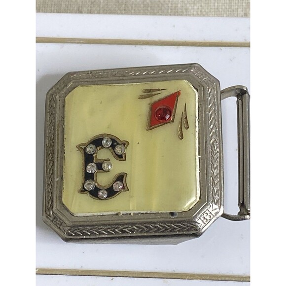 VTG Art Deco Celluloid Inlay Rhinestone Letter E Silver Plate Petite Belt Buckle - Picture 1 of 8